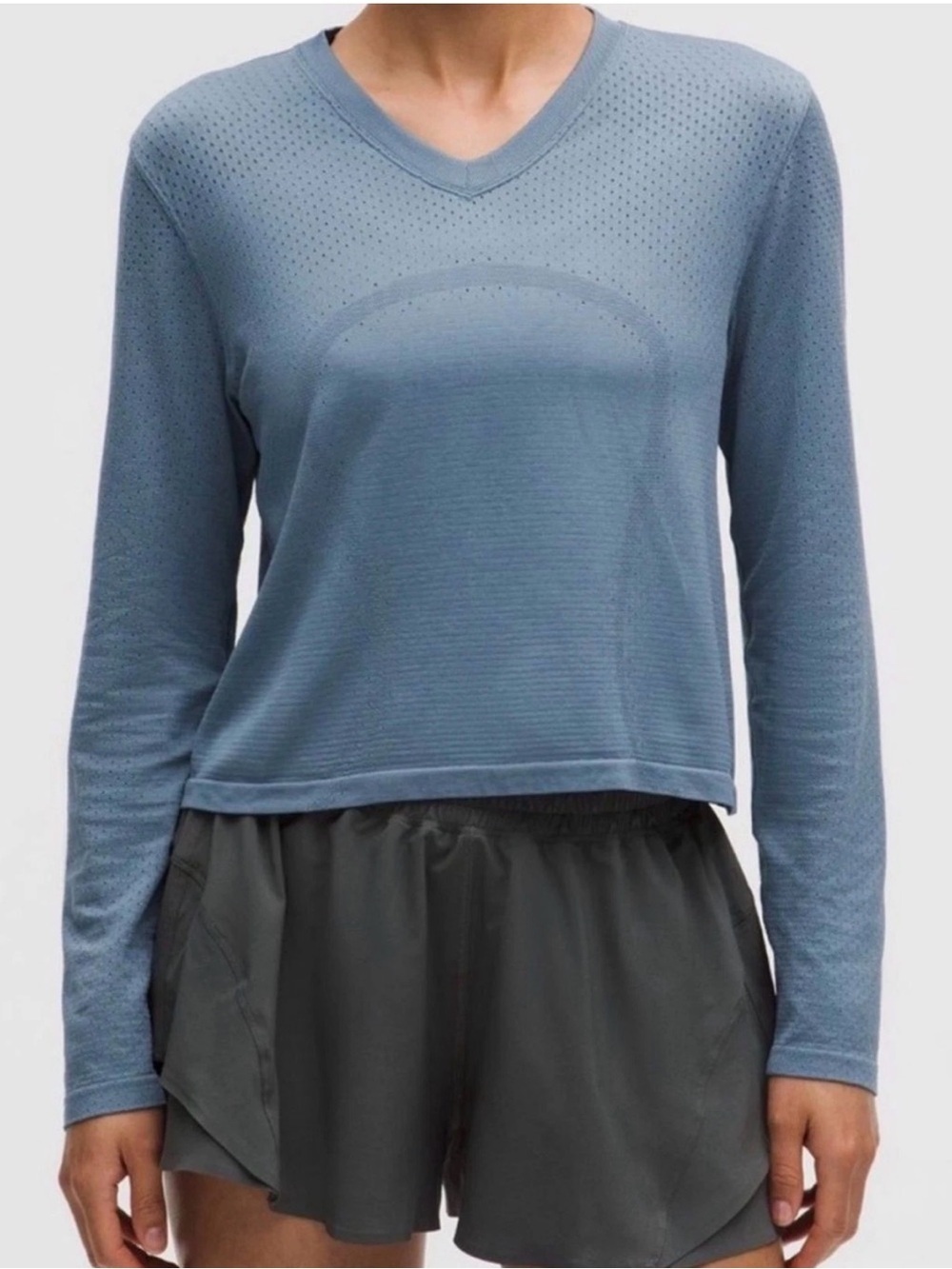 Lululemon Athletica Swiftly Open Hole V-Neck Long Sleeve Shirt Steel Blue
